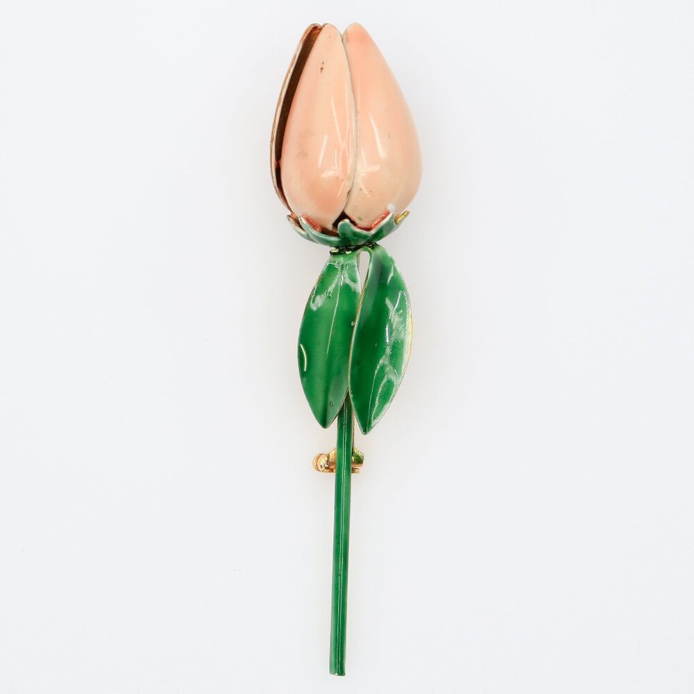 Vintage Sandor Pink Enamelled‎ Bud Brooch With Green Sepals and Stem 1950s